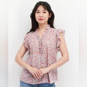 REBECCA TAYLOR LA VIE Sleeveless Eva Floral Top Blouse Ruffle Pink Sz Large